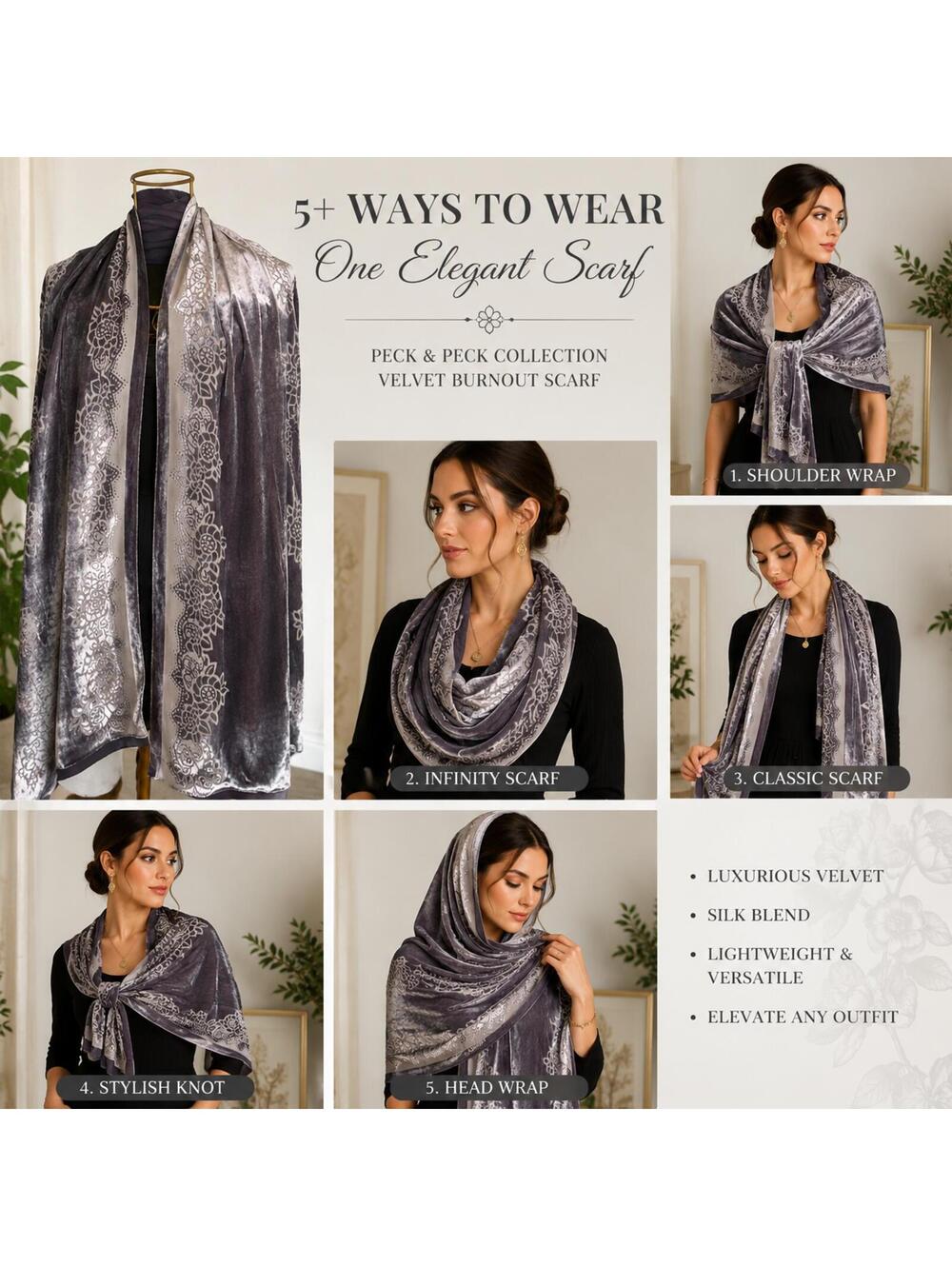 Peck & Peck Silk Blend Velvet Burnout Floral Scarf Shawl Wrap Gray Silver